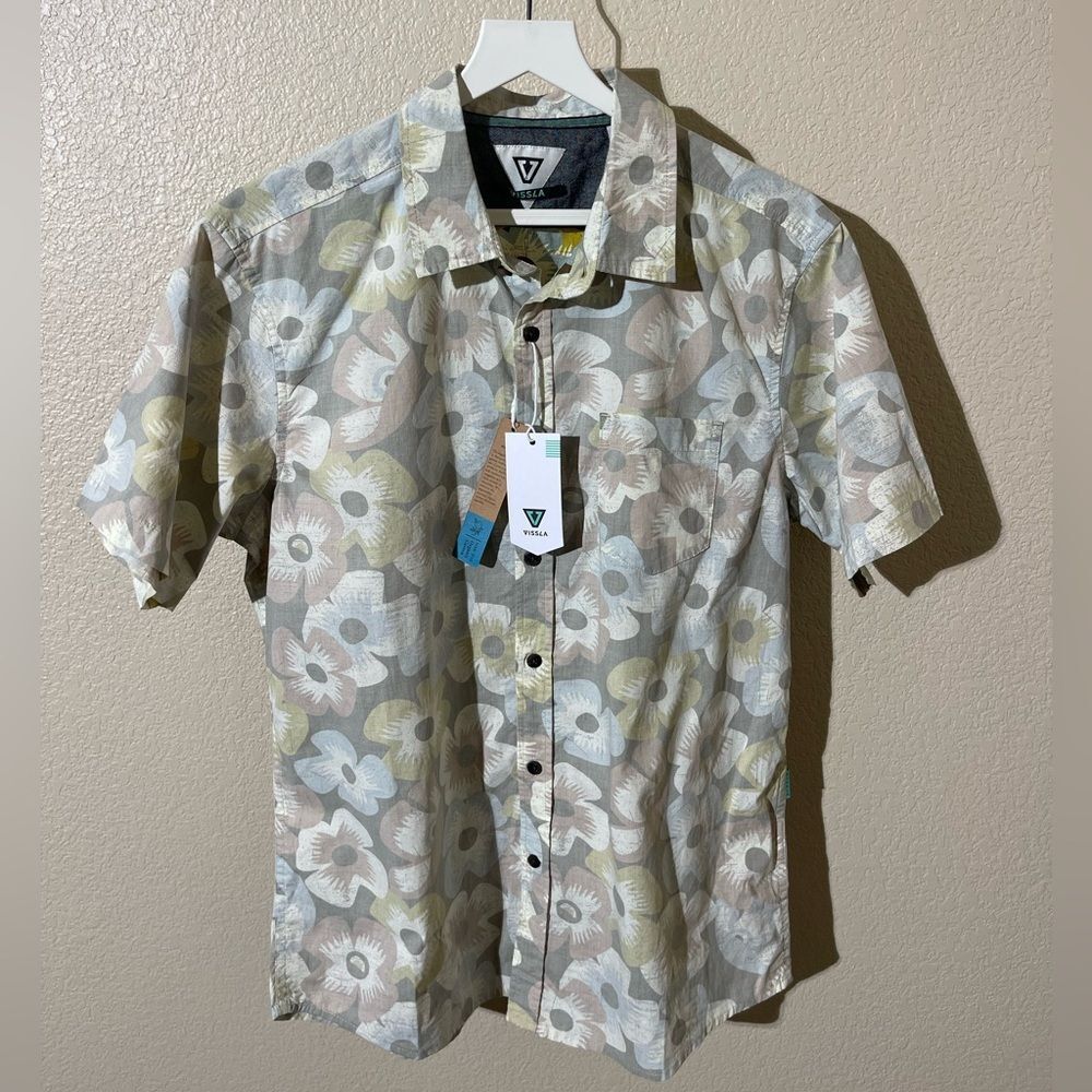 VISSLA Men's Floral Button Down Shirt - Cream and Gray